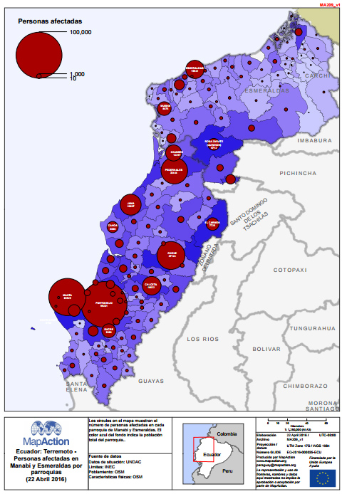Mapa de personas afectadas en Manabí y Esmeralda por parroquias al 22 abril del 2016. Fuente: OCHA ROLAC/ MapAction