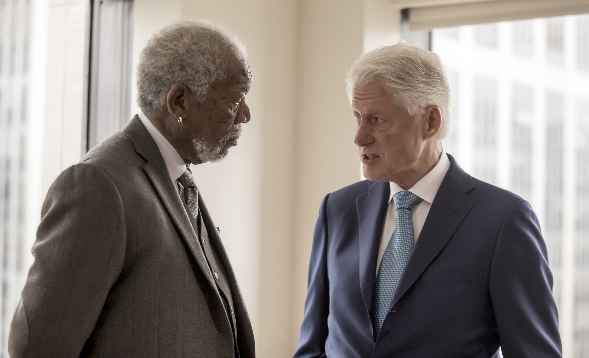 New York City - Host Morgan Freeman converses with President Bill Clinton as seen on National Geographic's The Story of Us with Morgan Freeman (National Geographic/Zach Dilgard)